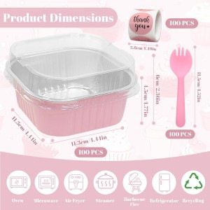 100 Pack 10oz Mini Cake Pans With Lids, Aluminum Foil Square Brownie Baking Cups,Disposable 4”x4” Large Cupcake Pan,Jumbo Muffin Tin Ramekins Holders-Pink