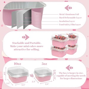 100 Pack 10oz Mini Cake Pans With Lids, Aluminum Foil Square Brownie Baking Cups,Disposable 4”x4” Large Cupcake Pan,Jumbo Muffin Tin Ramekins Holders-Pink