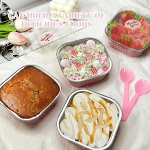 100 Pack 10oz Mini Cake Pans With Lids, Aluminum Foil Square Brownie Baking Cups,Disposable 4”x4” Large Cupcake Pan,Jumbo Muffin Tin Ramekins Holders-Pink