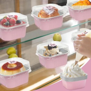 100 Pack 10oz Mini Cake Pans With Lids, Aluminum Foil Square Brownie Baking Cups,Disposable 4”x4” Large Cupcake Pan,Jumbo Muffin Tin Ramekins Holders-Pink
