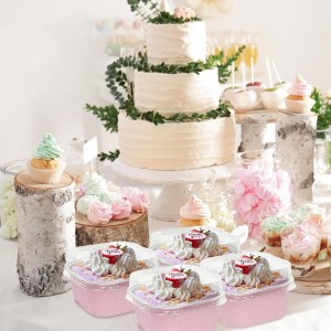 100 Pack 10oz Mini Cake Pans With Lids, Aluminum Foil Square Brownie Baking Cups,Disposable 4”x4” Large Cupcake Pan,Jumbo Muffin Tin Ramekins Holders-Pink