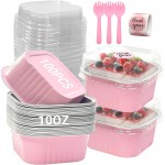 100 Pack 10oz Mini Cake Pans With Lids, Aluminum Foil Square Brownie Baking Cups,Disposable 4”x4” Large Cupcake Pan,Jumbo Muffin Tin Ramekins Holders-Pink