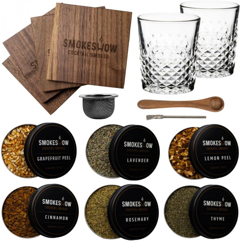 Cocktail Smoker Accessories Kit. Two Premium Rock Glasses, Six Variety of Smoke Dust, Four Coasters, Extra Wire Brush, Mesh Basket and Spoon by Smokeshow