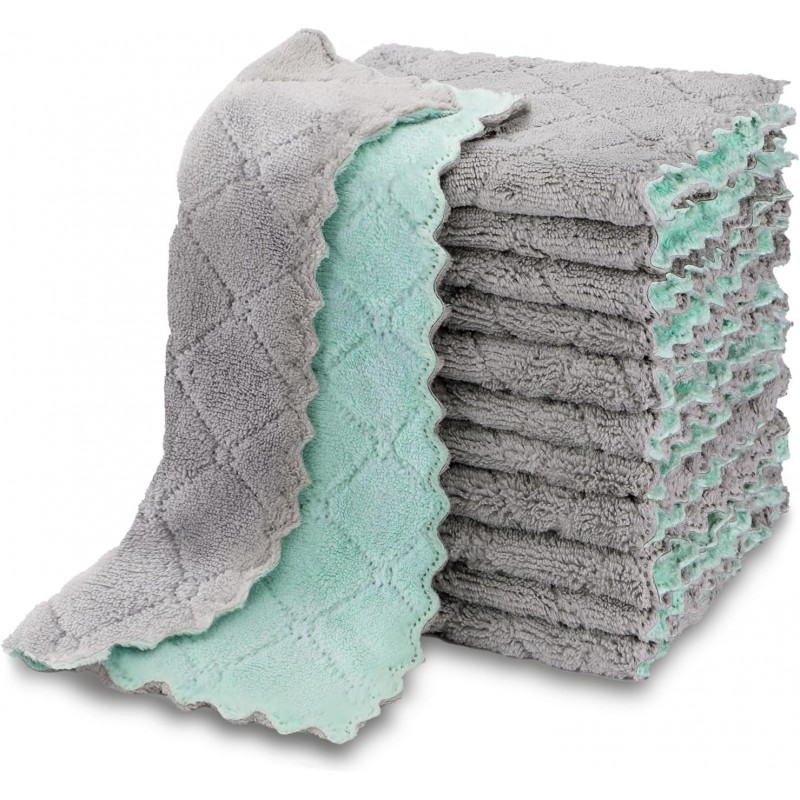 AIDEA Kitchen Towels, 12 Pack Absorbent Coral Fleece Dish Towels, No Odor Reusable Dish Cloths, Microfiber Cleaning Cloths, Fast Drying Dishcloths, 6.3