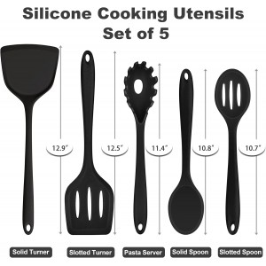 TeamFar Silicone Cooking Utensils Set, 5-Piece Heat Resistant Kitchen Utensils Set, Nonstick Slotted Solid Spoon Turner Pasta Server for Frying, Serving, Mixing, Non-Toxic & Dishwasher Safe, Black