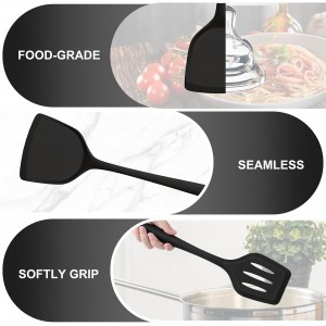 TeamFar Silicone Cooking Utensils Set, 5-Piece Heat Resistant Kitchen Utensils Set, Nonstick Slotted Solid Spoon Turner Pasta Server for Frying, Serving, Mixing, Non-Toxic & Dishwasher Safe, Black
