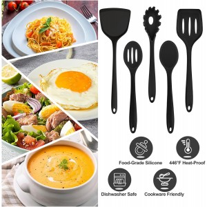 TeamFar Silicone Cooking Utensils Set, 5-Piece Heat Resistant Kitchen Utensils Set, Nonstick Slotted Solid Spoon Turner Pasta Server for Frying, Serving, Mixing, Non-Toxic & Dishwasher Safe, Black