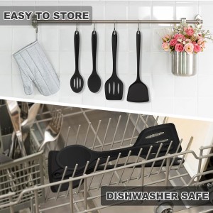 TeamFar Silicone Cooking Utensils Set, 5-Piece Heat Resistant Kitchen Utensils Set, Nonstick Slotted Solid Spoon Turner Pasta Server for Frying, Serving, Mixing, Non-Toxic & Dishwasher Safe, Black