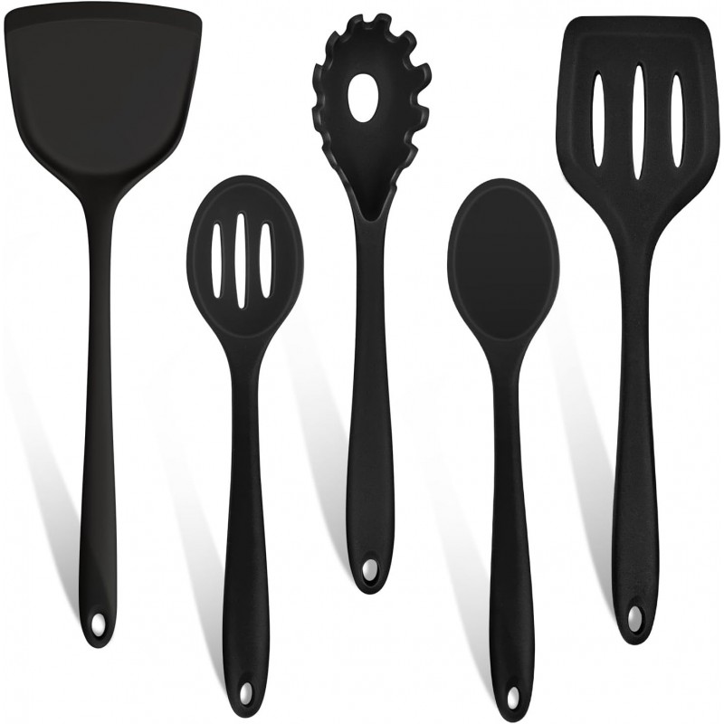 TeamFar Silicone Cooking Utensils Set, 5-Piece Heat Resistant Kitchen Utensils Set, Nonstick Slotted Solid Spoon Turner Pasta Server for Frying, Serving, Mixing, Non-Toxic & Dishwasher Safe, Black