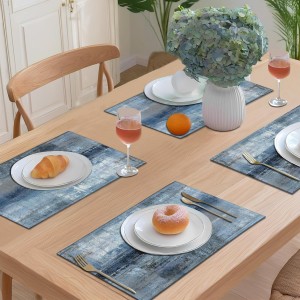 Blue Gray Placemats Set of 4 Abstract Art Place Mats Indoor Modern Linen Table Placemats Washable Wipeable Waterproof Heat Resistant Kitchen Place Mats for Dining Tables, 18 X 12 Inch