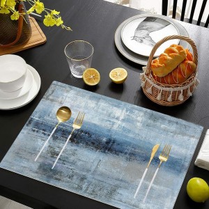 Blue Gray Placemats Set of 4 Abstract Art Place Mats Indoor Modern Linen Table Placemats Washable Wipeable Waterproof Heat Resistant Kitchen Place Mats for Dining Tables, 18 X 12 Inch