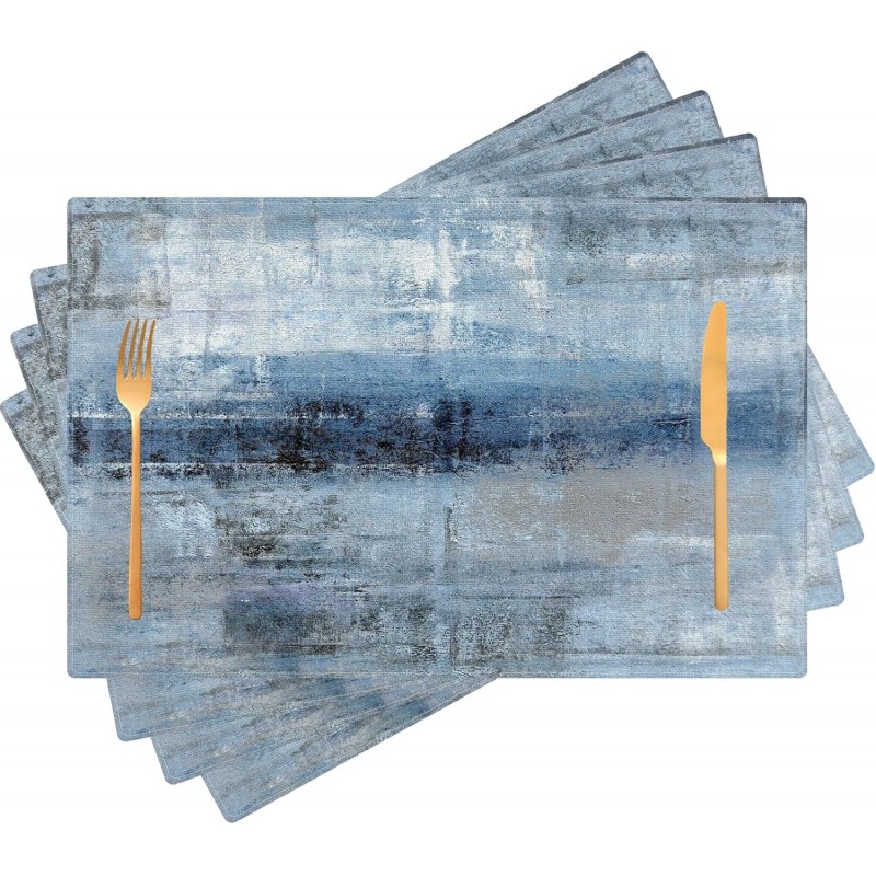 Blue Gray Placemats Set of 4 Abstract Art Place Mats Indoor Modern Linen Table Placemats Washable Wipeable Waterproof Heat Resistant Kitchen Place Mats for Dining Tables, 18 X 12 Inch