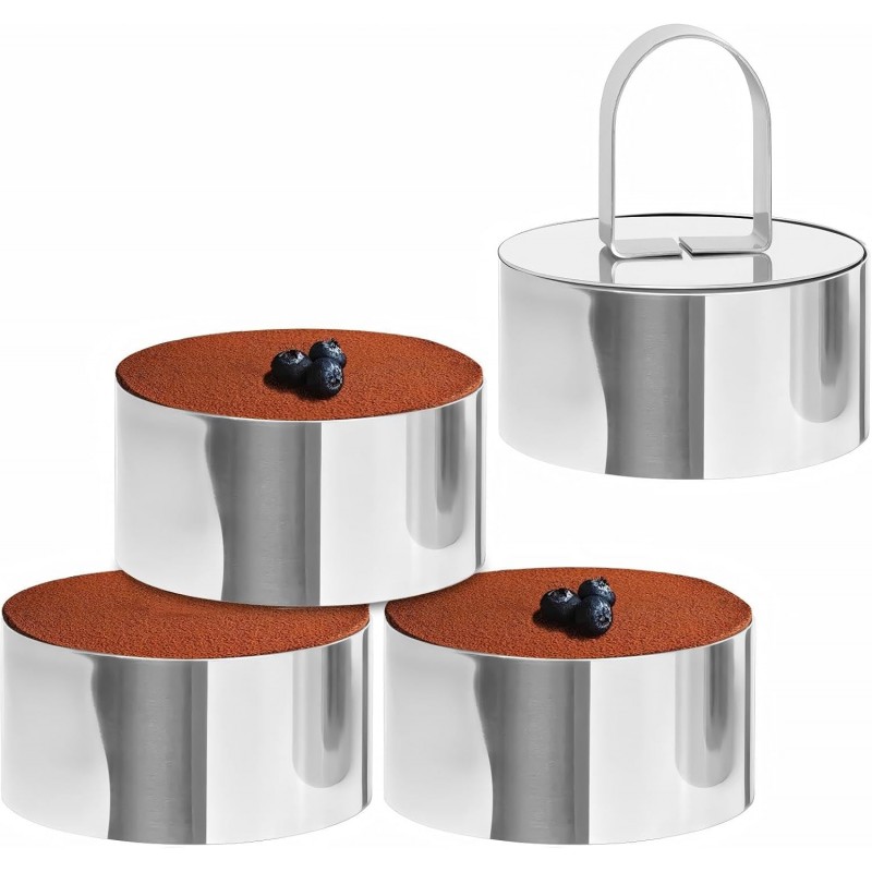4-Pack 3 Inch Stainless Steel Baking Ring Molds with Pusher - Professional Food Ring Mold for Cooking & Baking, Easy Release Crumpet Rings, Dishwasher Safe & Leak-Proof Silver Kitchen Tools