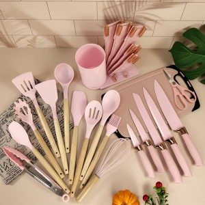 19-Piece Pink Kitchen Utensil Set – Silicone Cooking Tools with Wooden Handles, Non-Stick & Heat Resistant, Includes Knives, Scissors & Cutting Board – BPA-Free Kitchen Accessories