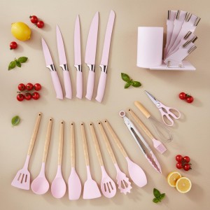 19-Piece Pink Kitchen Utensil Set – Silicone Cooking Tools with Wooden Handles, Non-Stick & Heat Resistant, Includes Knives, Scissors & Cutting Board – BPA-Free Kitchen Accessories