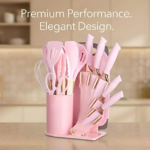 19-Piece Pink Kitchen Utensil Set – Silicone Cooking Tools with Wooden Handles, Non-Stick & Heat Resistant, Includes Knives, Scissors & Cutting Board – BPA-Free Kitchen Accessories