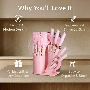 19-Piece Pink Kitchen Utensil Set – Silicone Cooking Tools with Wooden Handles, Non-Stick & Heat Resistant, Includes Knives, Scissors & Cutting Board – BPA-Free Kitchen Accessories