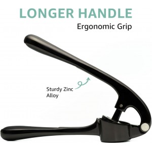 Garlic Press Crusher & Mincer – Easy Squeeze Ergonomic Handle, Heavy Duty Zinc Alloy, Dishwasher Safe, Includes Peeler & Cleaning Brush – Garlic Ginger Crusher Tool (Black)