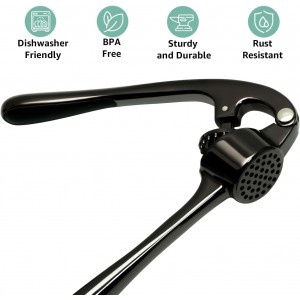 Garlic Press Crusher & Mincer – Easy Squeeze Ergonomic Handle, Heavy Duty Zinc Alloy, Dishwasher Safe, Includes Peeler & Cleaning Brush – Garlic Ginger Crusher Tool (Black)