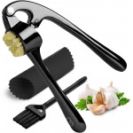 Garlic Press Crusher & Mincer – Easy Squeeze Ergonomic Handle, Heavy Duty Zinc Alloy, Dishwasher Safe, Includes Peeler & Cleaning Brush – Garlic Ginger Crusher Tool (Black)