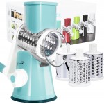 Rotary Cheese Grater, Cheese Grater Hand Crank with 3 Interchangeable Blades, Manual Cheese Shredder with Strong Suction Base, Easy to Use and Clean, Blue