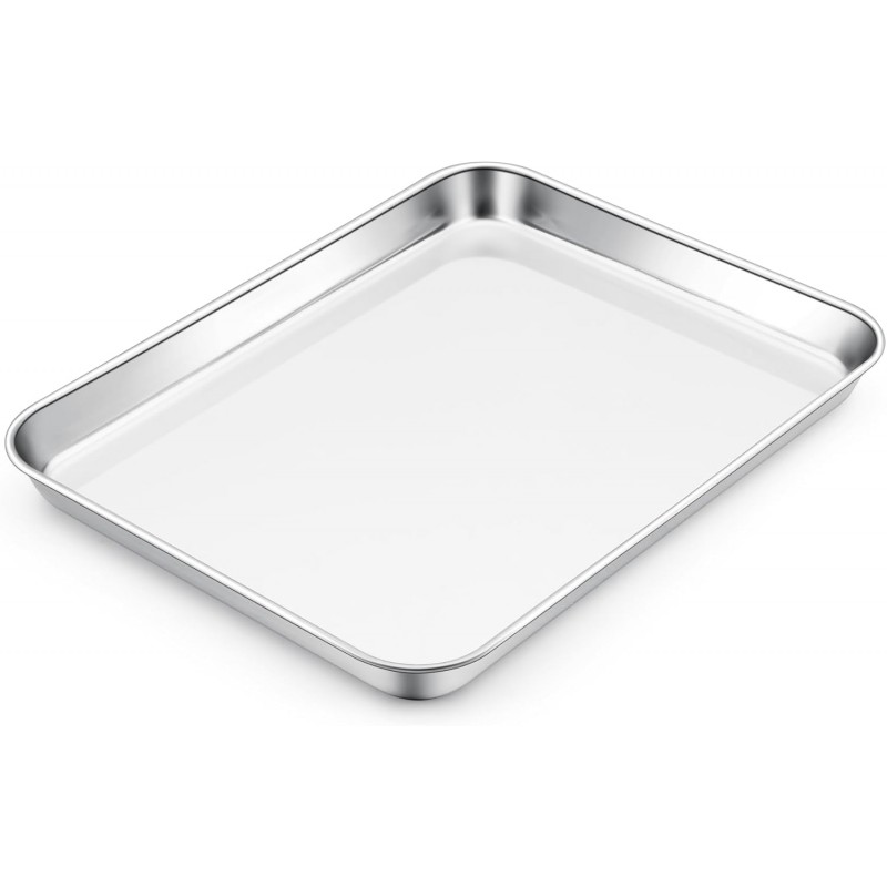 E-far Toaster Oven Tray, 10.5”x8.3” Stainless Steel Small Baking Cookie Sheet, Compact Non-toxic Metal Baking Pan for Cake, Healthy & Rust Free, Mirror Finish & Dishwasher Safe, 1 Pack