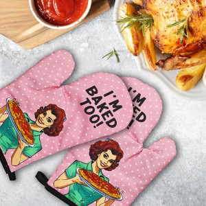 2 Pcs Funny Oven Mitts I'm Baked Too Heat Resistant Mitts Retro Housewife Silicone Non-Slip Oven Mitts with Hanging Loop Sweet Housewarming Gifts for Baking Lover Hostess Family Friend