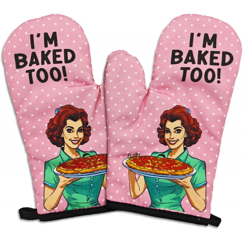 2 Pcs Funny Oven Mitts I'm Baked Too Heat Resistant Mitts Retro Housewife Silicone Non-Slip Oven Mitts with Hanging Loop Sweet Housewarming Gifts for Baking Lover Hostess Family Friend
