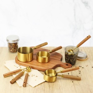 QWORK 8-Piece Stainless Steel Measuring Cups and Spoons Set - Non-Slip Solid Wood Handles, for Baking, Cooking, Grilling