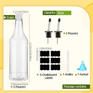 Dandat 32 oz Plastic Long Neck Bottles with Pourer and Caps Plastic Juice Pour Bottles with Stainless Steel Pourer Tapered Spout for Liquor Juice(Silver,4 Pcs)