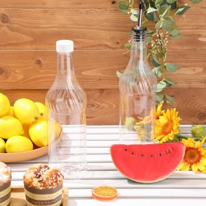 Dandat 32 oz Plastic Long Neck Bottles with Pourer and Caps Plastic Juice Pour Bottles with Stainless Steel Pourer Tapered Spout for Liquor Juice(Silver,4 Pcs)