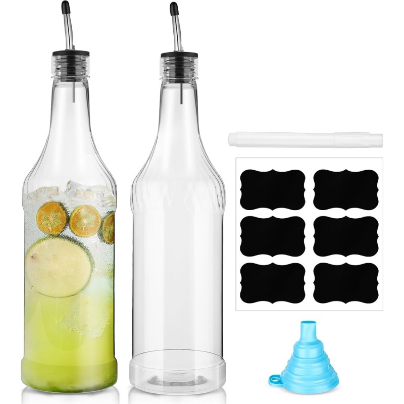 Dandat 32 oz Plastic Long Neck Bottles with Pourer and Caps Plastic Juice Pour Bottles with Stainless Steel Pourer Tapered Spout for Liquor Juice(Silver,4 Pcs)