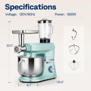 VIVOHOME 6-in-1 Stand Mixer, 8.5 Quart Electric Tilt-Head Kitchen Mixer with Bowl, Multifunctional Food Mixer for Cake, Bread, and Dough, with Meat Grinder, Blender, Pasta Maker Attachments, Blue