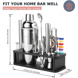 HMYBAR® 22-pc Cocktail Shaker Set(24oz/700ml) | Mixology Bartender Kit | Bar Tool Set | Martini Making Set with 39-Recipe Cocktail Cards & Kit's Deco, Bamboo Stand Black Color, Silver Tools