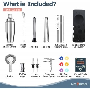 HMYBAR® 22-pc Cocktail Shaker Set(24oz/700ml) | Mixology Bartender Kit | Bar Tool Set | Martini Making Set with 39-Recipe Cocktail Cards & Kit's Deco, Bamboo Stand Black Color, Silver Tools