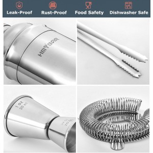 HMYBAR® 22-pc Cocktail Shaker Set(24oz/700ml) | Mixology Bartender Kit | Bar Tool Set | Martini Making Set with 39-Recipe Cocktail Cards & Kit's Deco, Bamboo Stand Black Color, Silver Tools