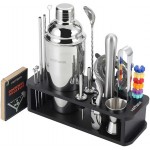 HMYBAR® 22-pc Cocktail Shaker Set(24oz/700ml) | Mixology Bartender Kit | Bar Tool Set | Martini Making Set with 39-Recipe Cocktail Cards & Kit's Deco, Bamboo Stand Black Color, Silver Tools