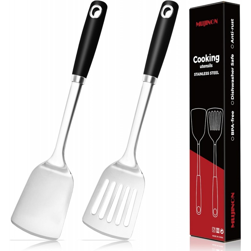 14-in Spatula Set, 18/0 Stianless Steel Heavy Duty Turner & Slotted Spatula, Kitchen Cooking Utensils Set, High Heat Resistant, Grilling Frying Serving Food, Pack of 2
