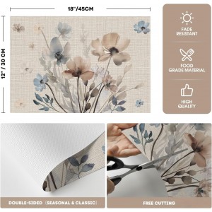 Artoid Mode Brown Poppy Floral Vinyl Plastic Placemats Set of 4, Washable Non-Slip PVC Table Mats for Party Kitchen Dining Decor, 12x18 Inch