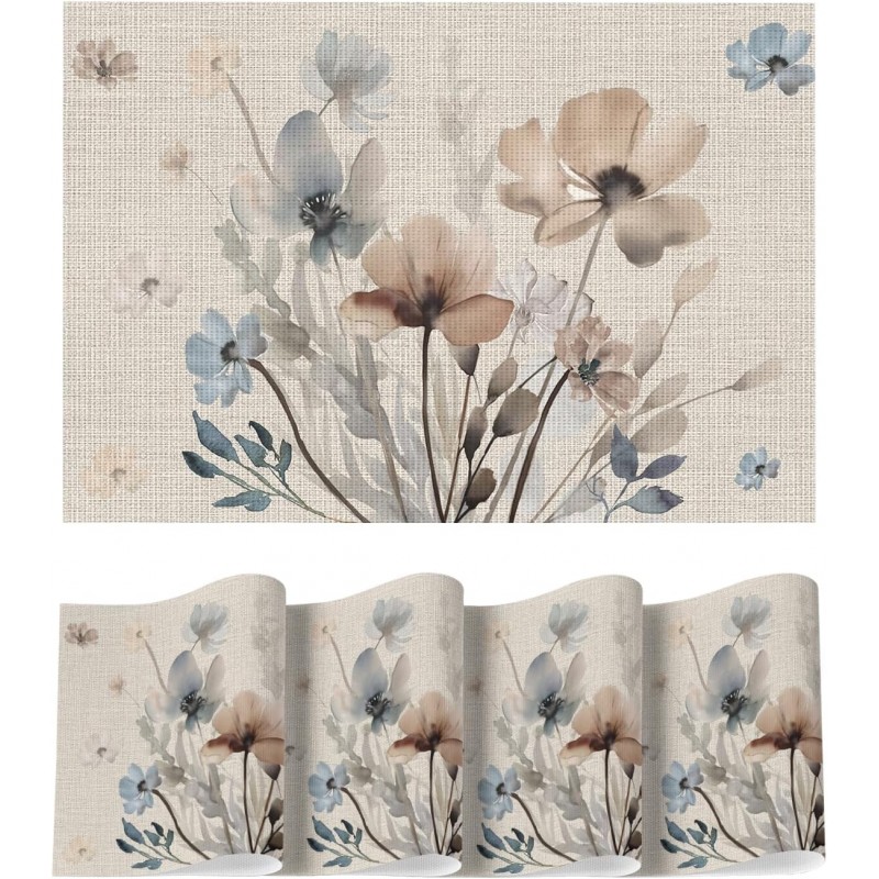Artoid Mode Brown Poppy Floral Vinyl Plastic Placemats Set of 4, Washable Non-Slip PVC Table Mats for Party Kitchen Dining Decor, 12x18 Inch