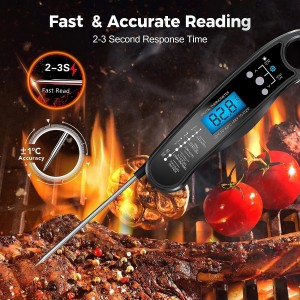 New 2-in-1 Instant Read Meat Thermometer for Cooking, Fast & Precise Digital Food Thermometer with Backlight, Magnet, Waterproof and Dual Foldable Probe for Kitchen Oven, Deep Fry, BBQ, Grill (Black)