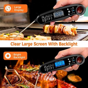 New 2-in-1 Instant Read Meat Thermometer for Cooking, Fast & Precise Digital Food Thermometer with Backlight, Magnet, Waterproof and Dual Foldable Probe for Kitchen Oven, Deep Fry, BBQ, Grill (Black)
