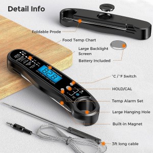 New 2-in-1 Instant Read Meat Thermometer for Cooking, Fast & Precise Digital Food Thermometer with Backlight, Magnet, Waterproof and Dual Foldable Probe for Kitchen Oven, Deep Fry, BBQ, Grill (Black)