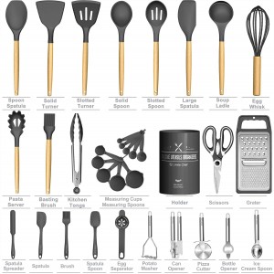 Umite Chef Silicone Kitchen Utensil Set, 34PCS Heat Resistant Kitchen Gadgets and Tools With Grater, Wood Handles for Nonstick Cookware (Dark Gray)