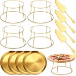 12 Pcs Pizza Stand Set: 4 Metal Stands, 4 Pizza Pans, 4 Spatulas for Weddings, Party(Gold,Round)