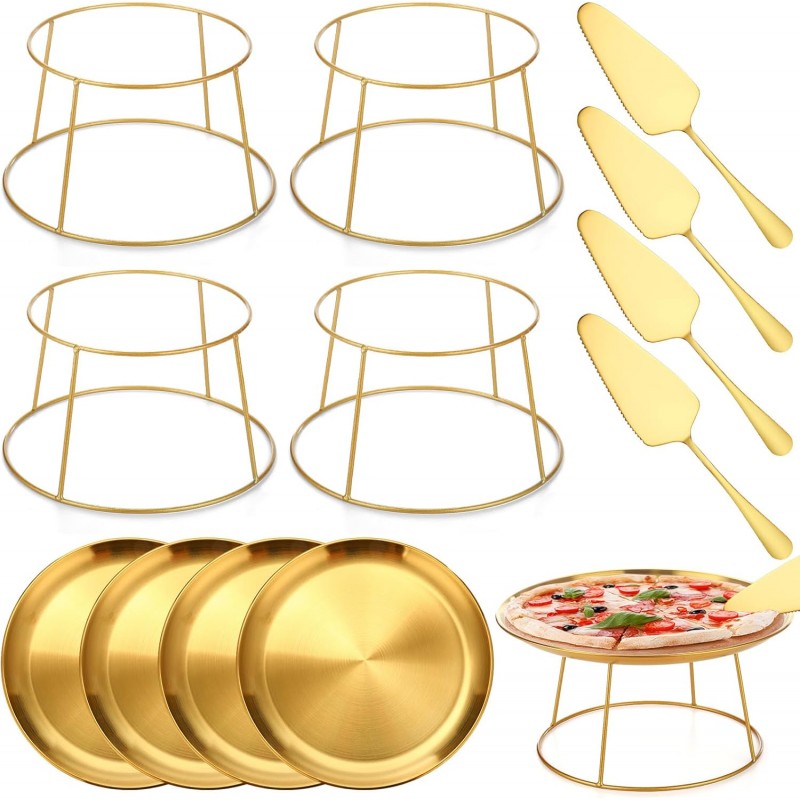 12 Pcs Pizza Stand Set: 4 Metal Stands, 4 Pizza Pans, 4 Spatulas for Weddings, Party(Gold,Round)