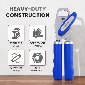 Zulay Kitchen Heavy Duty Stainless Steel Can Opener Manual with Bottle Opener - Rust Proof Manual Can Opener With Turn Knob & Comfy Soft Grip Handles - Royal Blue