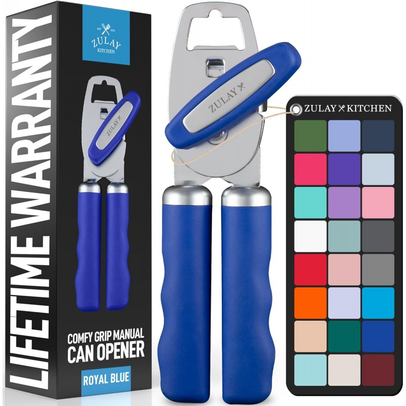 Zulay Kitchen Heavy Duty Stainless Steel Can Opener Manual with Bottle Opener - Rust Proof Manual Can Opener With Turn Knob & Comfy Soft Grip Handles - Royal Blue