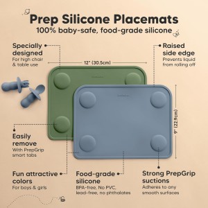 KeaBabies 2pk Silicone Placemats for Toddlers, Kids - 12x9 Non Slip Suction Baby Silicone Placemat for Restaurants, Dining Table,Travel, Easy to Clean, Food Grade/BPA-Free,Small Baby Table Mat(Slate)