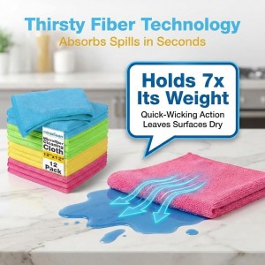 Microfiber Cleaning Cloth 12 Pack - 12 x 12 inches - Rags for Cleaning House Streak-Free Wipes for Screens, Dusting & Appliances - Premium Micro Fiber Cloth for Cleaning